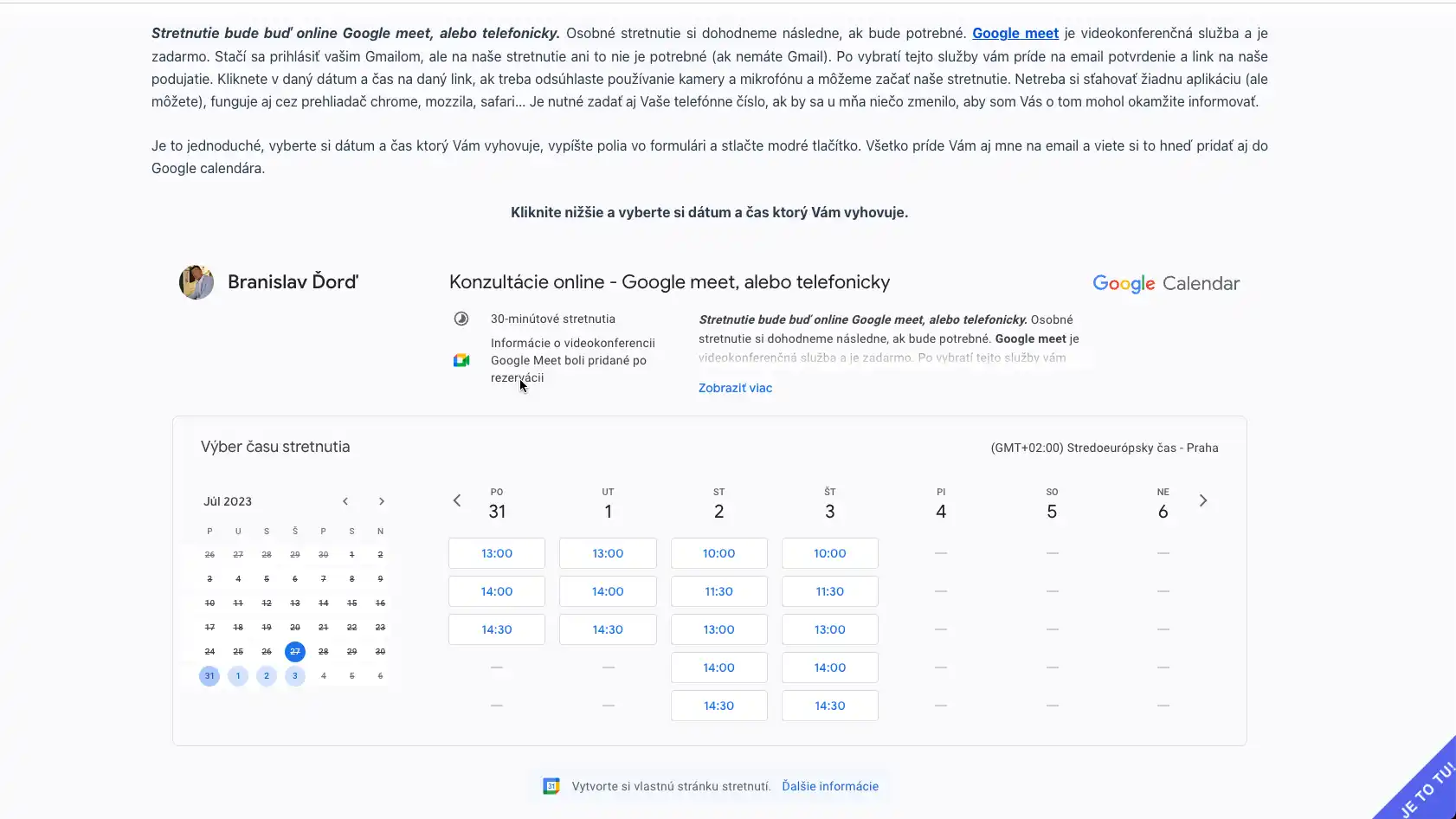 Google Calendar rezervačná stránka