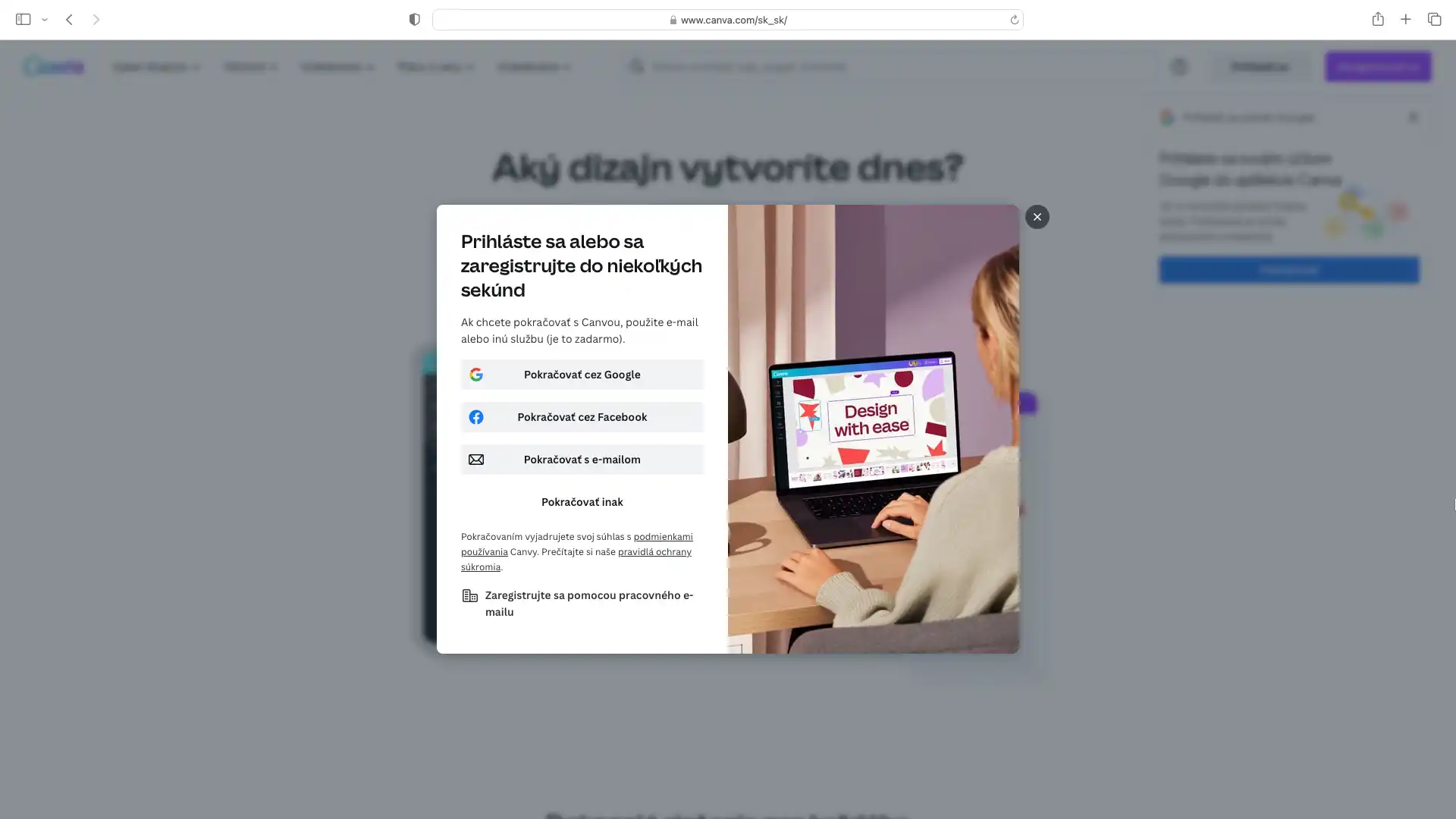 Canva.com registrácia výber možností