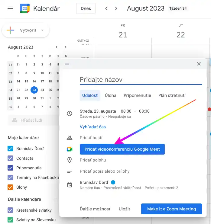 Google kalendár vytvorenie stretnutia s Google meet